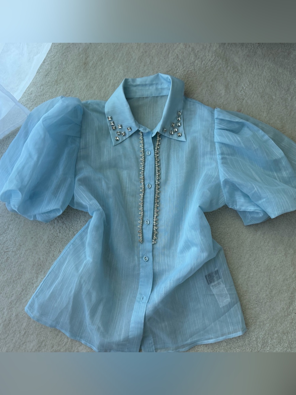 Light Blue Puff-Sleeve Button-Up Shirt with Rhinestones Crystal Trim